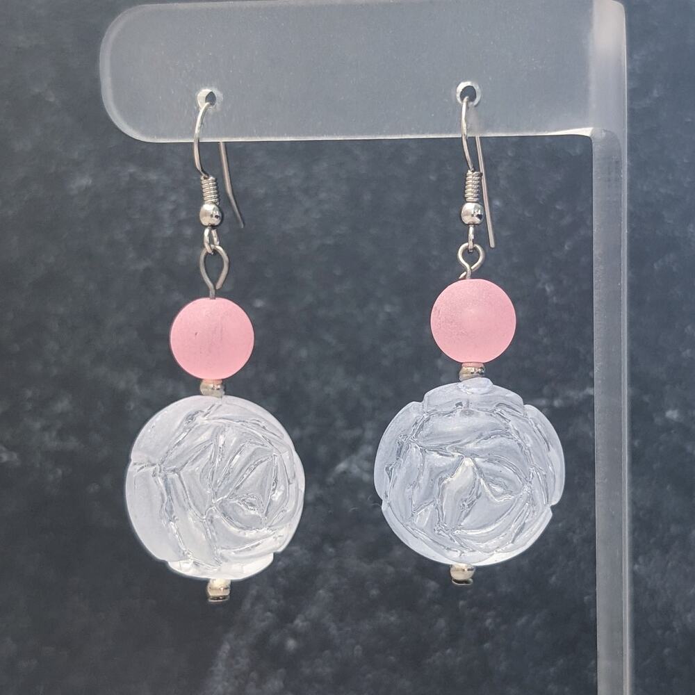 Vintage Hook Dangle Earrings Large and Chunky Frosted Rose and Frosted Pink